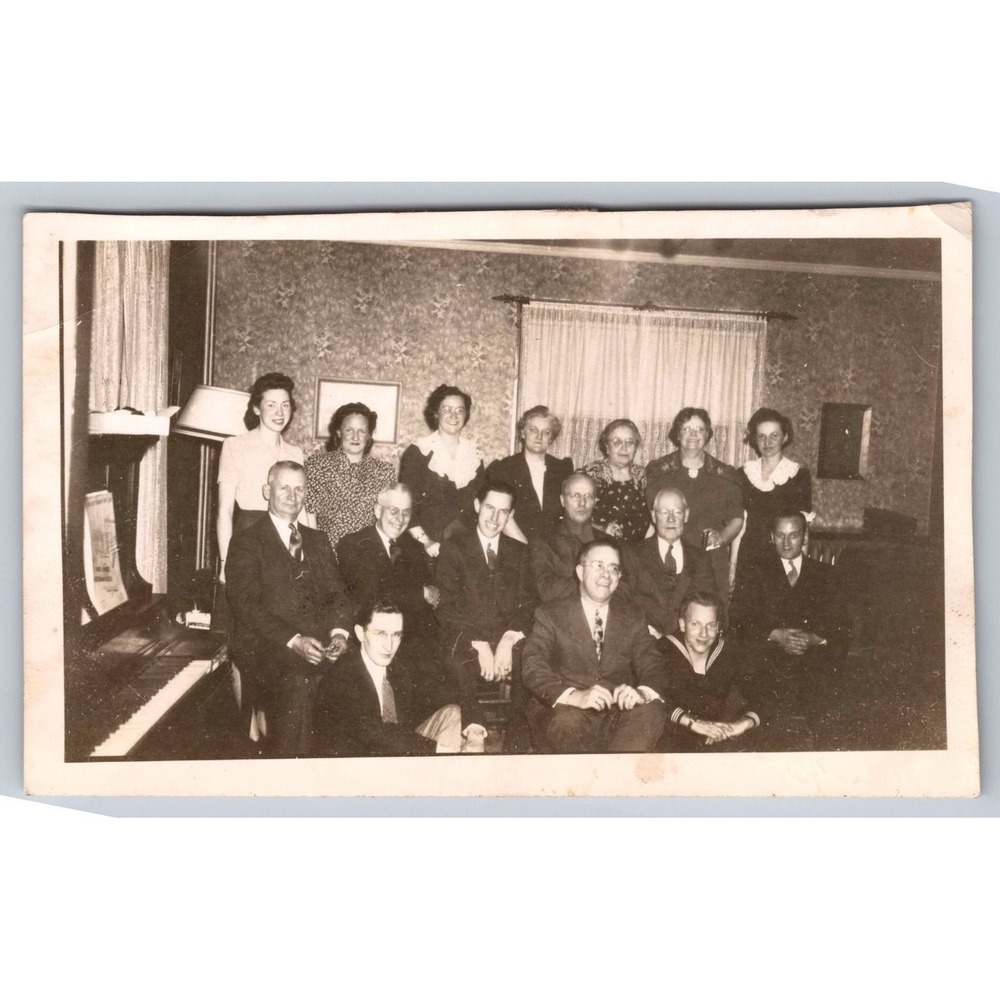 Group Portrait 1940s 1950s Snapshot Photograph Sailor Uniform Piano Family